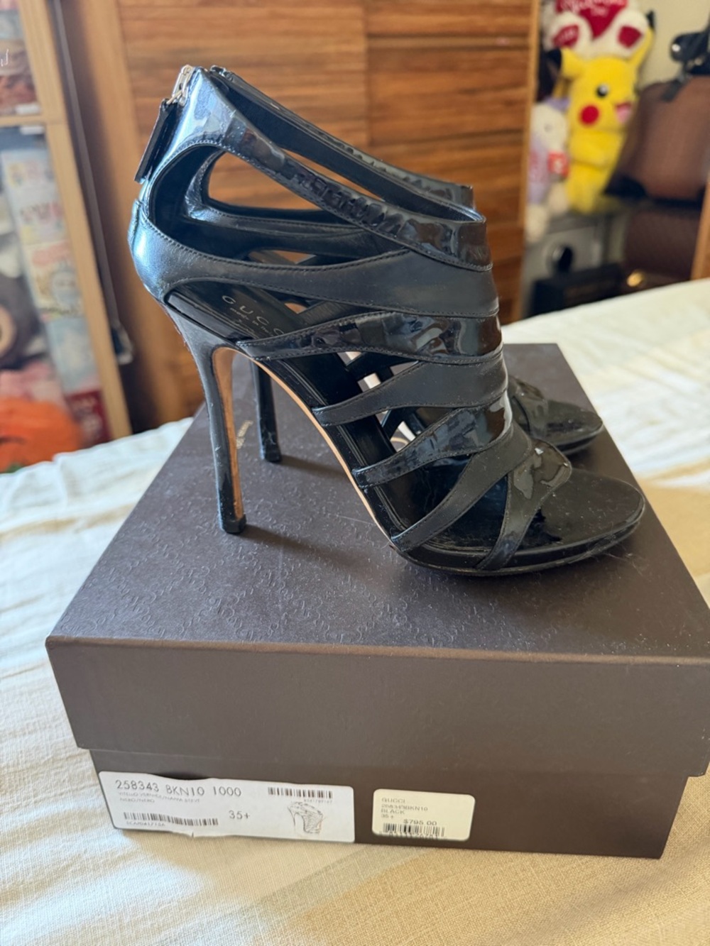 Gucci Black Patent Strappy Stiletto Heels